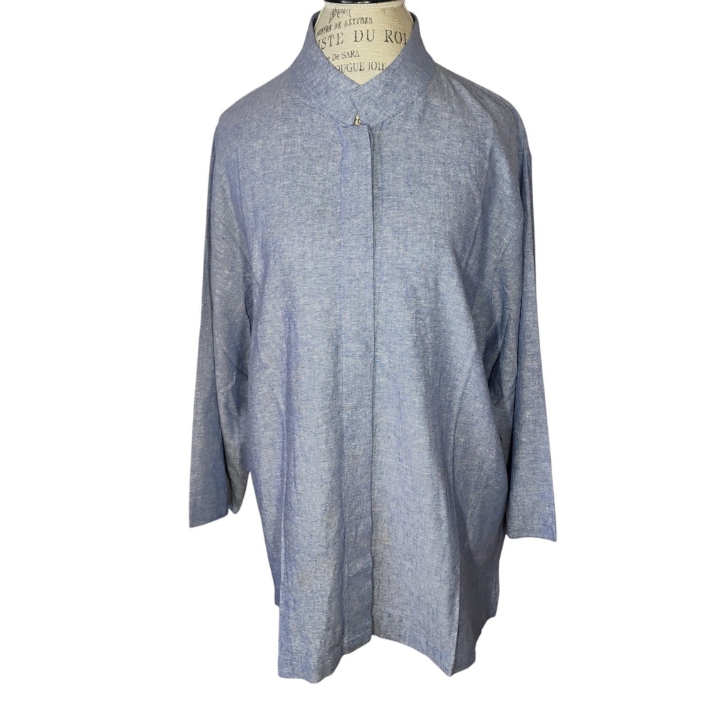 Coldwater Creek NWT Mandarin Collar Shirt Womens 2X Blue Linen Blend Minimalist